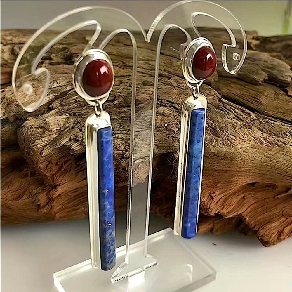 Handmade Silver Red Agate Lapis Lazuli Vintage Boho Long Vertical Earrings - Picture 4 of 5